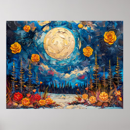 Poster Ilustração abstrata em aquarela da lua cheia sobre