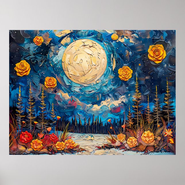 Poster Ilustração abstrata em aquarela da lua cheia sobre (Frente)