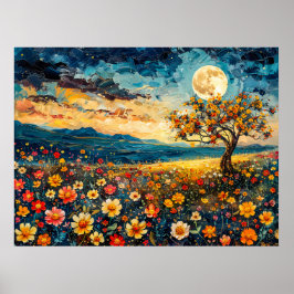 Poster Ilustração abstrata em aquarela da lua cheia sobre