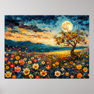 Poster Ilustração abstrata em aquarela da lua cheia sobre