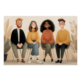 Póster Ilustração Aconchegante de Amigos Diversos Sentado