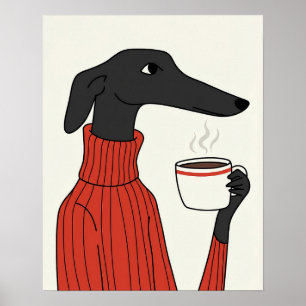 Poster Ilustração Aconchegante do Saluki com Café