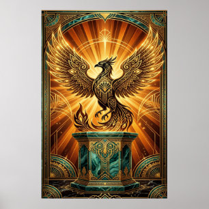 Poster Ilustração Art Déco da Fênix Dourada Ascendente