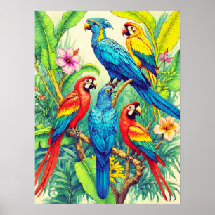 Poster Ilustração Botânica de Aves Tropicais