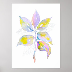 Poster Ilustração Botânica de Folhas em Aquarela Pastel