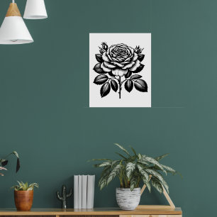 Poster Ilustração Botânica de Rosa Preta Vintage