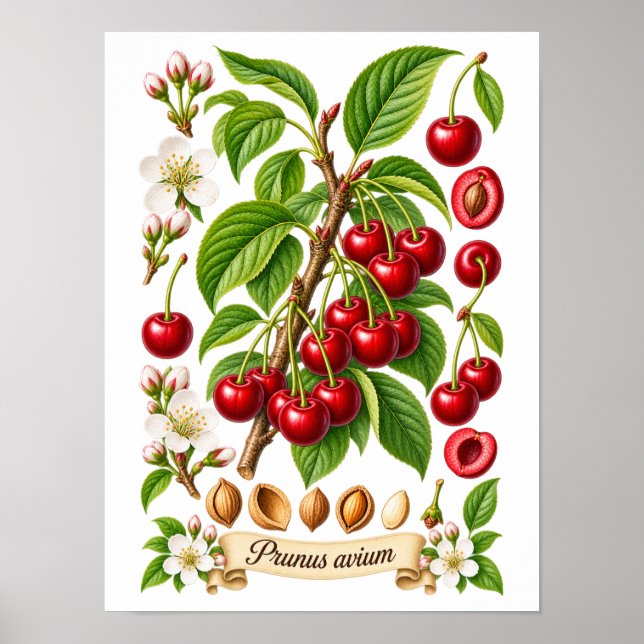 Poster Ilustração Botânica Vintage de Cereja (Frente)