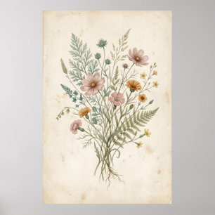 Poster Ilustração Botânica Vintage de Flores Silvestres