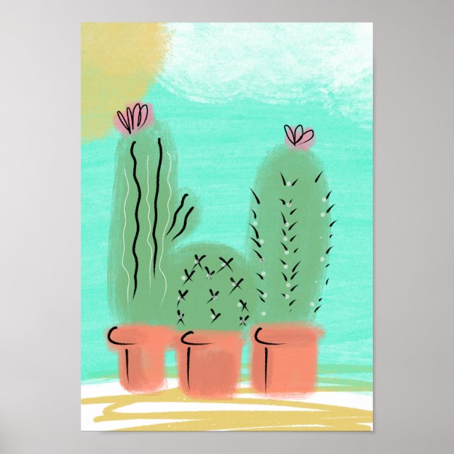 Poster Ilustração Cênica de Cacto em Vasos ao Sol (Frente)