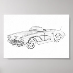 Poster Ilustração Chevy Corvette de Preto e Branco 1958
