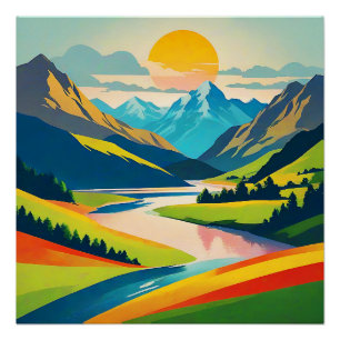 Póster Ilustração Colorida da Paisagem da Montanha Retroa