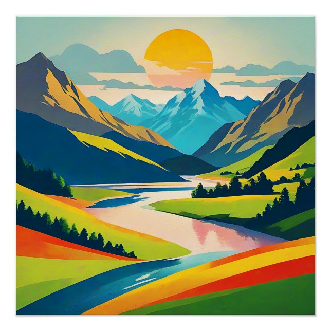 Póster Ilustração Colorida da Paisagem da Montanha Retroa (Frente)