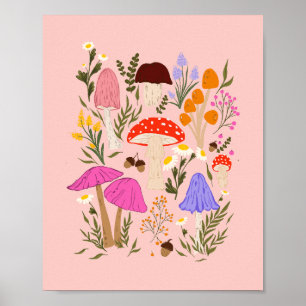 Poster Ilustração colorida de cogumelos e flores silvestr