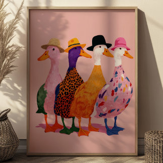 Poster Ilustração Colorida de Gansos Bobos Arte Animal Re