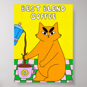 Poster Ilustração Colorida de Gato Café Retro