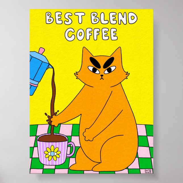 Poster Ilustração Colorida de Gato Café Retro (Frente)