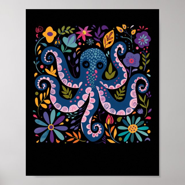 Poster Ilustração Colorida de Octopus, arredondada (Frente)