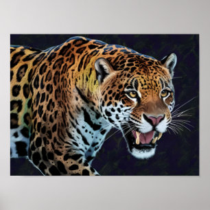 Poster Ilustração Colorida de Retrato Animal Jaguar