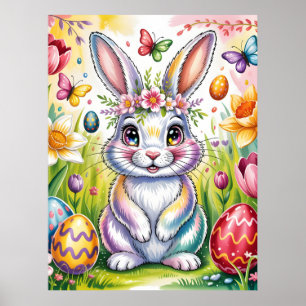 Poster Ilustração Colorida do Coelho de Páscoa com Coroa