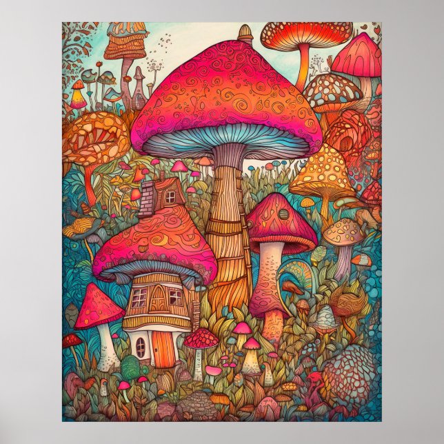Poster Ilustração Criativa de Cogumelo Psicodélico Retro (Frente)