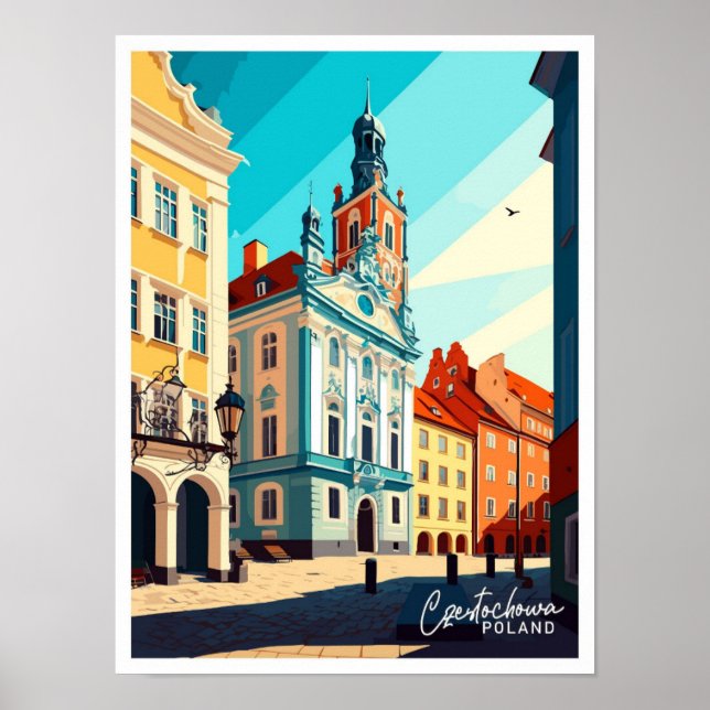 Poster Ilustração Czestochowa Polônia Viagem Vintage (Frente)