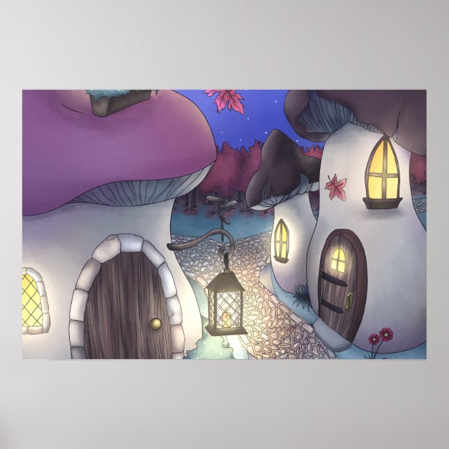 Poster Ilustração da Aldeia de Cogumelos Fantasy Noturno (Frente)