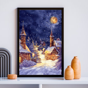 Póster Ilustração da Aldeia de Natal na noite da neve