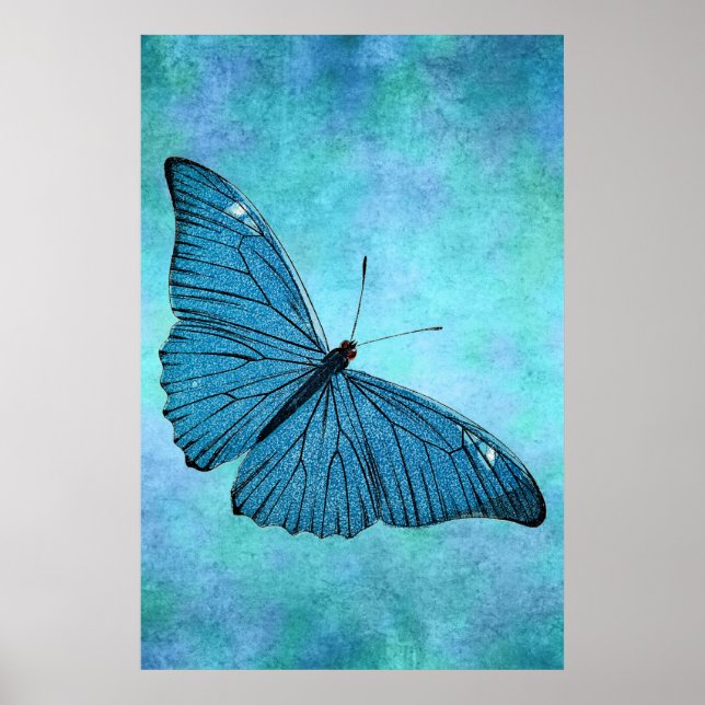 Poster Ilustração da Borboleta Azul-Teal Vintage da décad (Frente)