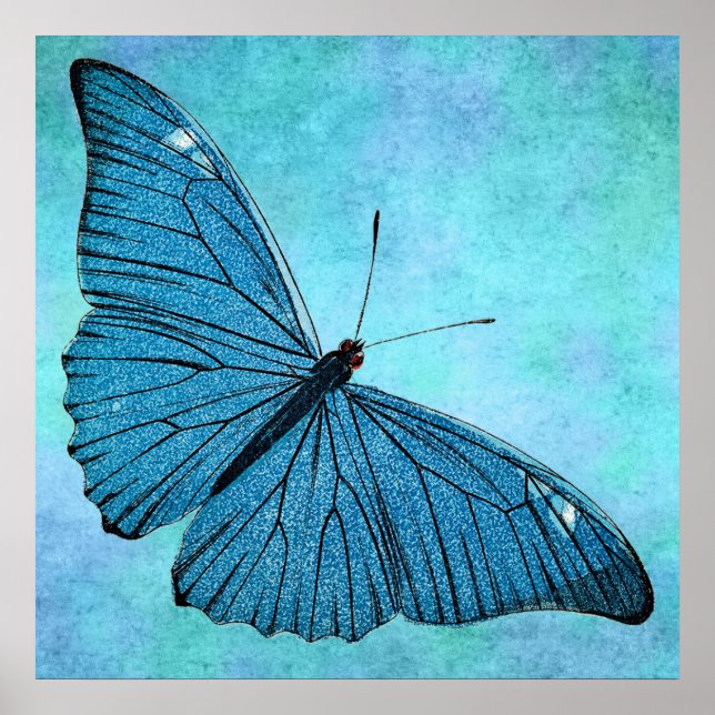 Poster Ilustração da Borboleta Azul-Teal Vintage da décad (Frente)