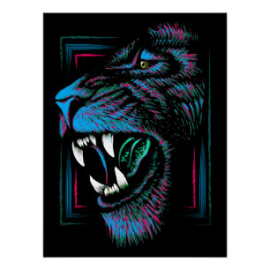 Póster Ilustração da Cabeça do Leão Azul Cor-de-Rosa - Po