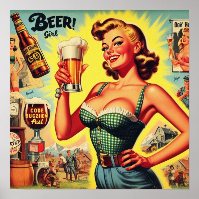 Poster Ilustração da Mulher da Cerveja Vintage (Frente)
