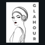 Poster Ilustração da Mulher Glamor Art Deco<br><div class="desc">Adicione um pouco de glamour ao seu espaço com este poster ilustrado espantoso. Design de arte em preto e branco (com um toque de vermelho).</div>