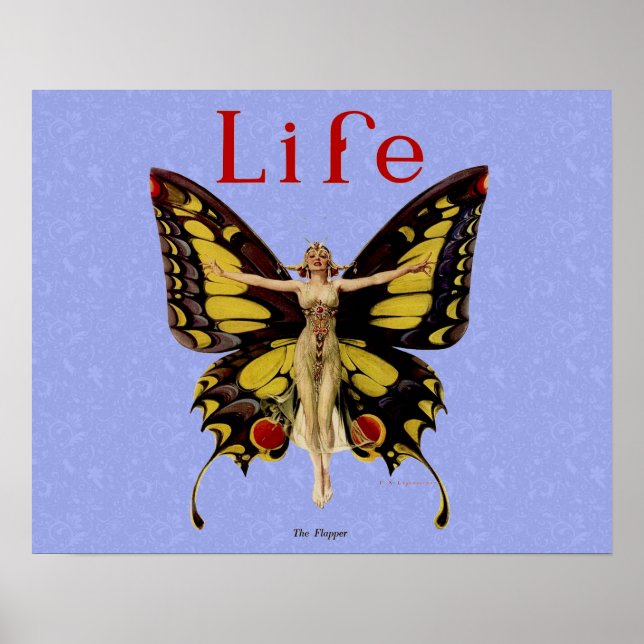 Poster Ilustração da Mulher Voando Borboleta Flapper (Frente)