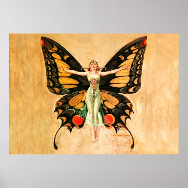 Poster Ilustração da Mulher Voando Borboleta Flapper (Frente)