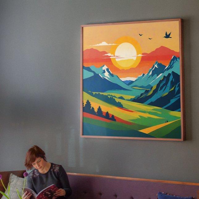 Póster Ilustração da Natureza da Paisagem da Montanha Ret (Vibrant Mountain Morning with Rising Sun Poster)