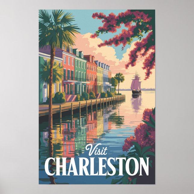 Poster Ilustração da Orla de Charleston Carolina do Sul (Frente)