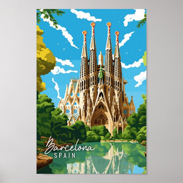 Poster Ilustração da viagens vintage de Barcelona (Frente)