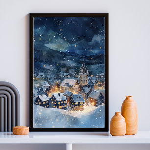Póster Ilustração da vila noturna na neve