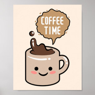 Poster ilustração da xícara de café kawaii no horário do 