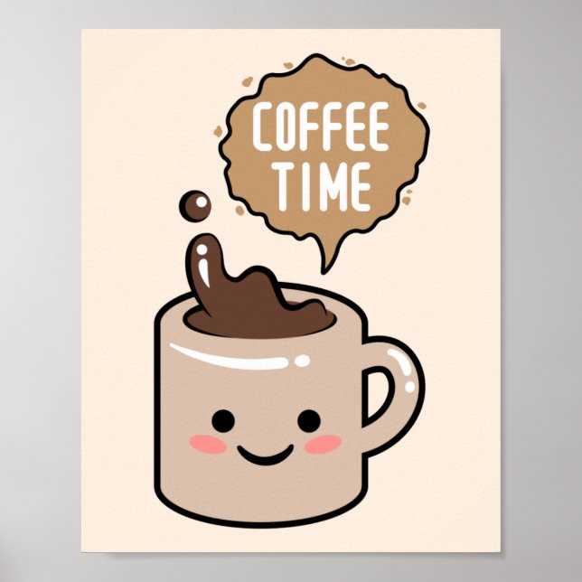 Poster ilustração da xícara de café kawaii no horário do  (Frente)