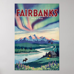 Poster Ilustração das Luzes do Norte de Fairbanks Alasca