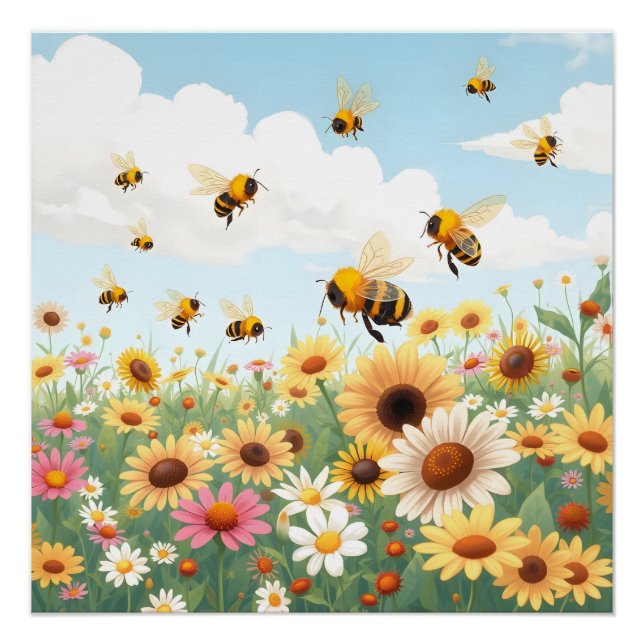 Póster Ilustração de abelhas e flores fofas (Frente)