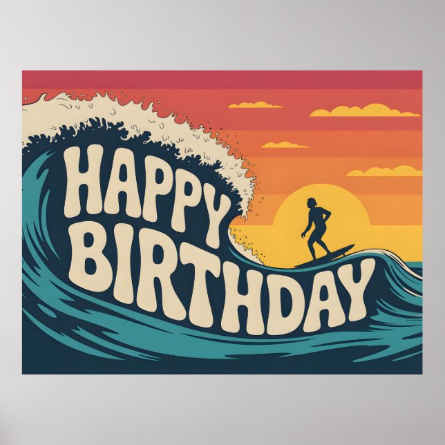 Poster Ilustração de "Aniversário Feliz" com Tema de Surf (Frente)