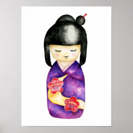 Poster Ilustração de Aquarela de Boneca Kokeshi Japonesa