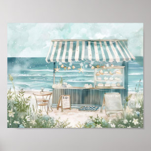 Poster ilustração de aquarela de cena de praia fofa