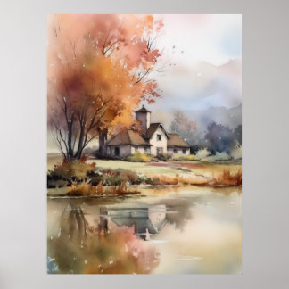 Poster Ilustração de Aquarela de Cenário de Autumn
