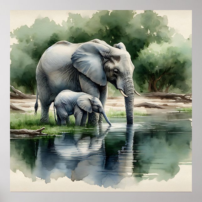 Poster Ilustração de Aquarela de Mamãe e Elefante Bebê (Frente)