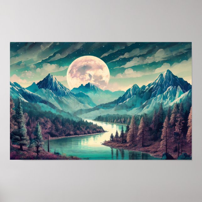 Poster Ilustração de arte digital de um rio e lua (Frente)