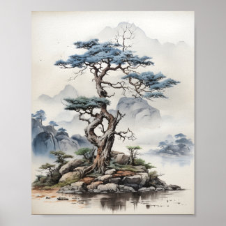 Poster Ilustração de Arte em Árvore Bonsai da Natureza Ja