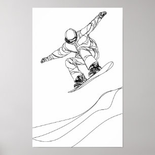 Poster ilustração de arte linear de um snowboarder